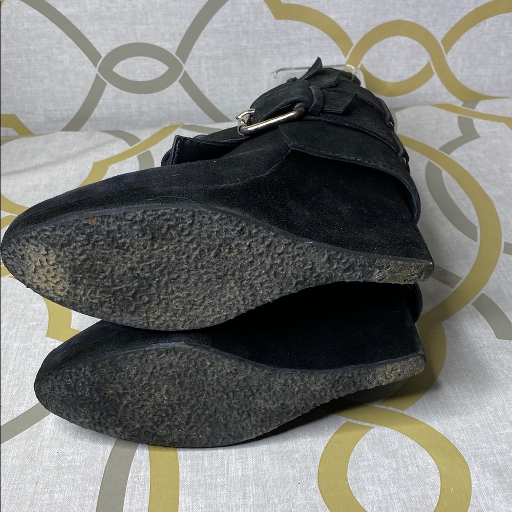 Women's Black Buckle Suede Wedge Ankle Boots - Picture 5 of 6